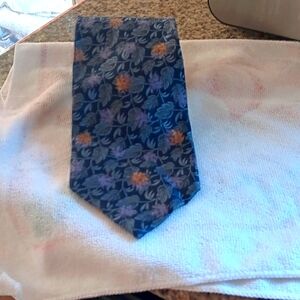 Robert Talbot Navy Lite Blue Rust leaf print Silk Tie
